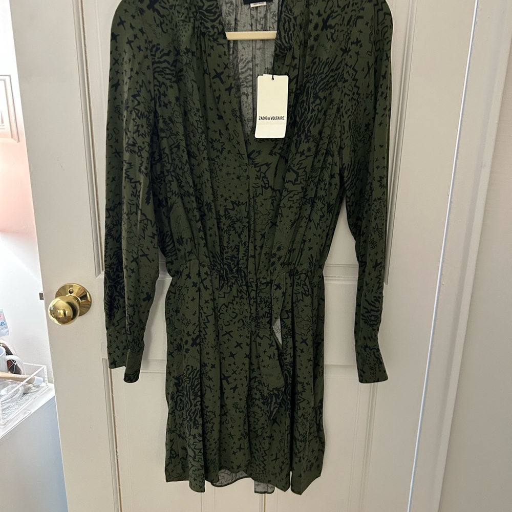 Zadig & Voltaire Olive Green and Black Printed Mini Dress